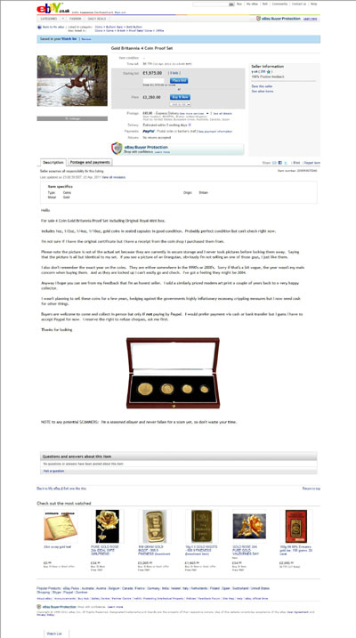 y-uk's eBay Listing Using our 2006 Britannia Gold Proof 4 Coin Set Photograph